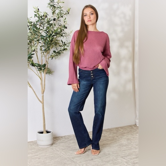 Culture Code Waffle-Knit Round Neck Long Sleeve Blouse - Picture 5 of 12